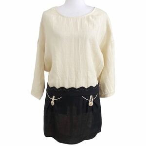 MISS PATINA VINTAGE 100% LINEN CREAM NAVY SCALLOPED SHIFT DRESS - S/P